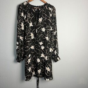 Elizabeth and James Floral Print‎ Dress Long Smocked Hem Sleeve Sheer Black L